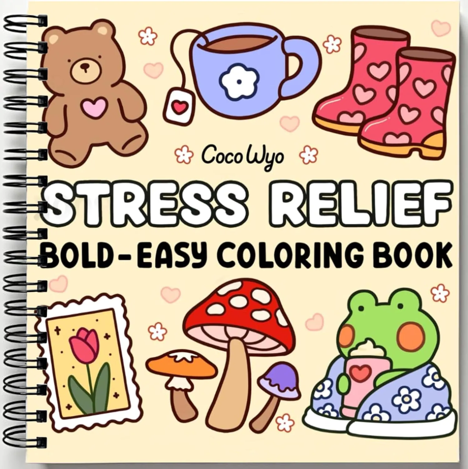 Rebound edition of Stress Relief: Coloring Book for Adults and Kids, Bold and Easy, Simple and Big Designs for Relaxation Featuring Animals, Landscape, Flowers, Patterns, Cute Things And Many More (Bold & Easy Coloring) — spiral binding by Spindory